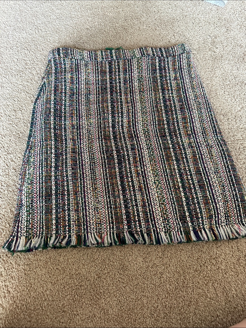 Chelsea & Theodore Multicolor Tweed Pencil Skirt with Fringe